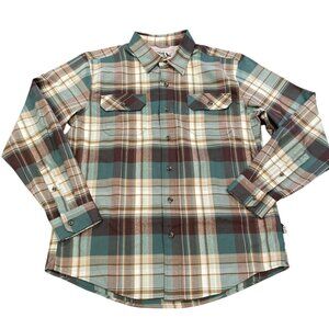 Eddie Bauer Men's Sz M Teal Brown Plaid Shirt Button Down Pockets Stretch